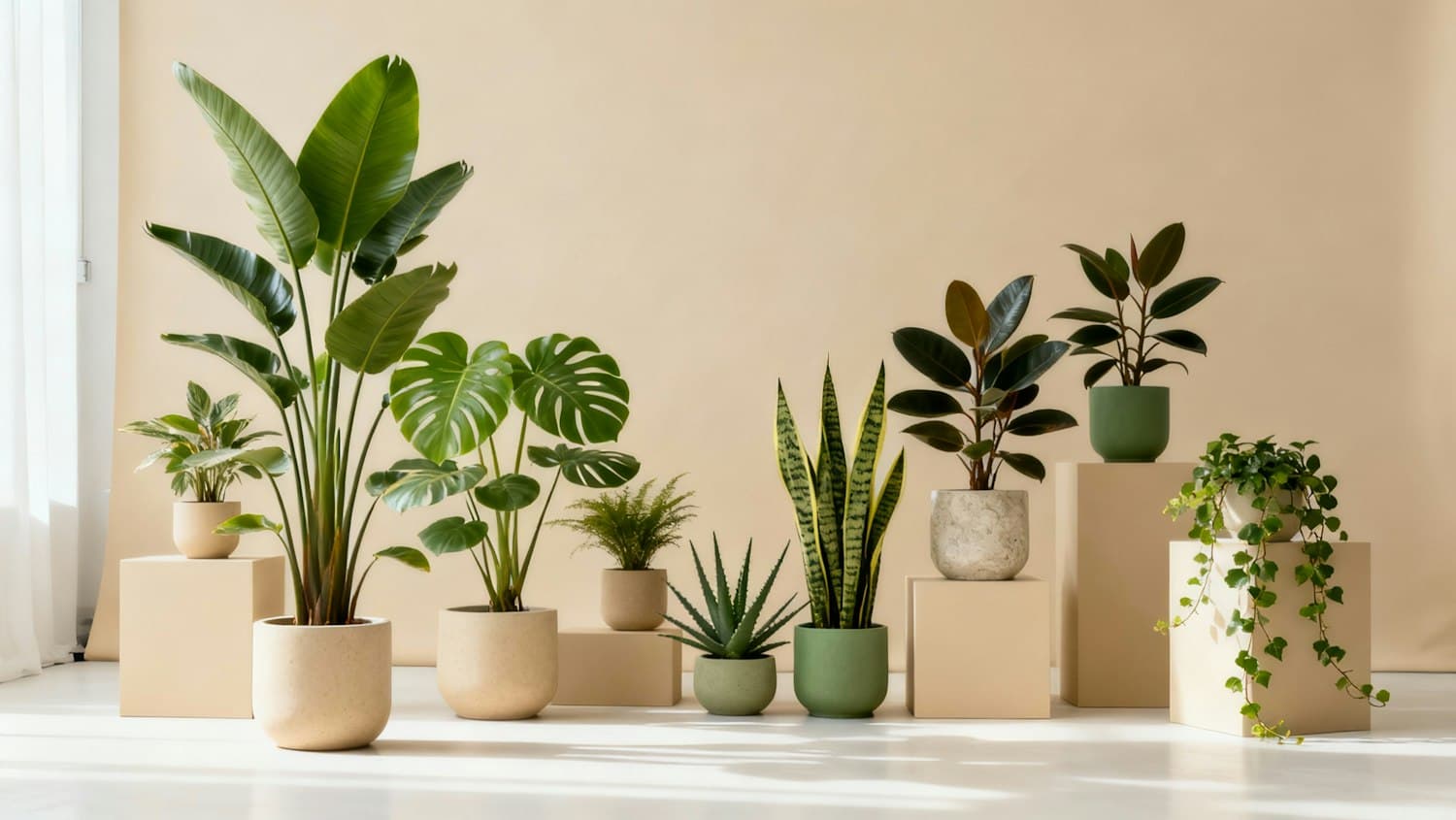 Potted plants arranged on beige plinths in a calm green study