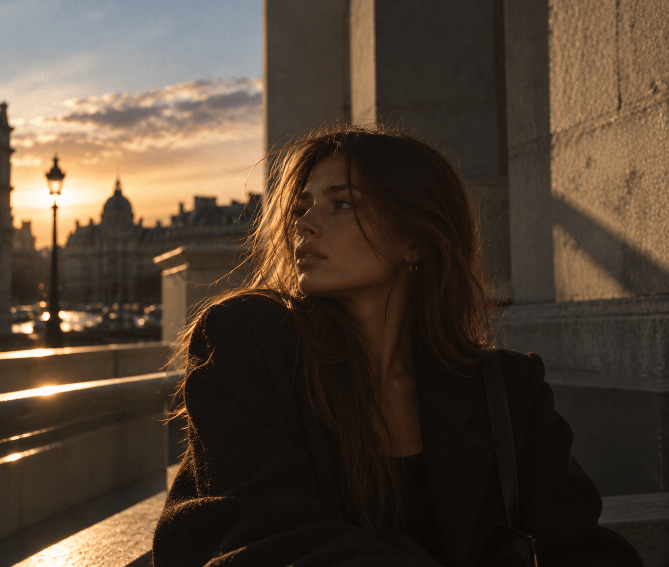 Aurelia sitting by a stone wall at sunset with the city skyline behind her